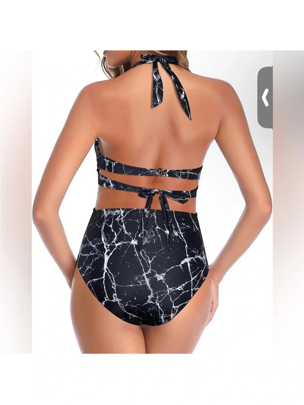 NWT! Women’s Flattering Black Marble Bikini - Halter & High Waist Bottoms Sz L - Picture 3 of 8